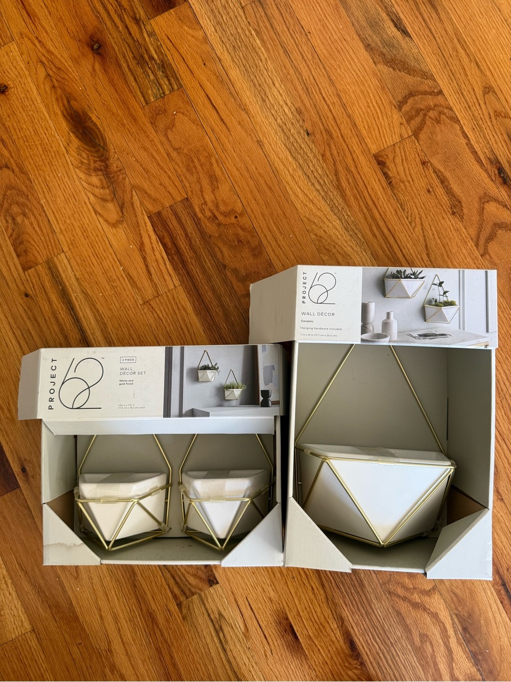 Project 62 White Ceramic Hanging Planters with Gold Metal Frames (Set)